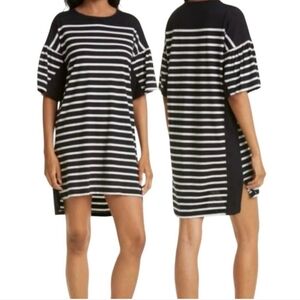 La Ligne Black & White Stripe Drop Shoulder Puff Sleeve Cotton Knit T-Shirt Dres